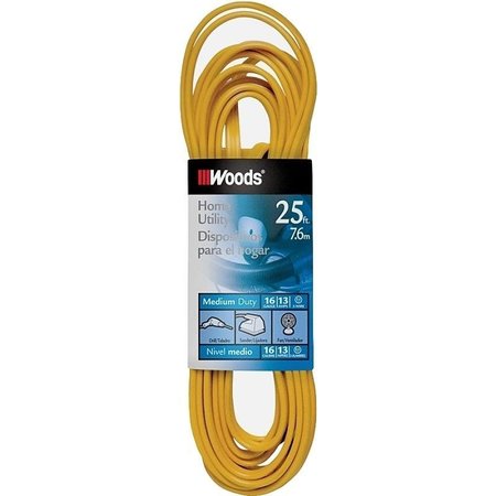 WOODS 0 Extension Cord, 16 AWG Cable, 25 ft L, 10 A, 125 V, Yellow 831